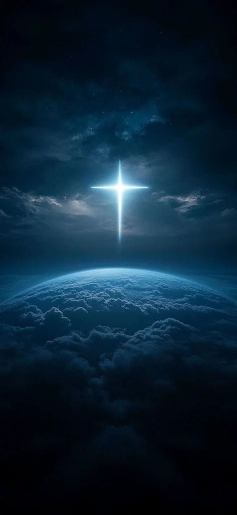Cross shining over Earth from space, symbolizing divine authority and the call to faithful stewardship.