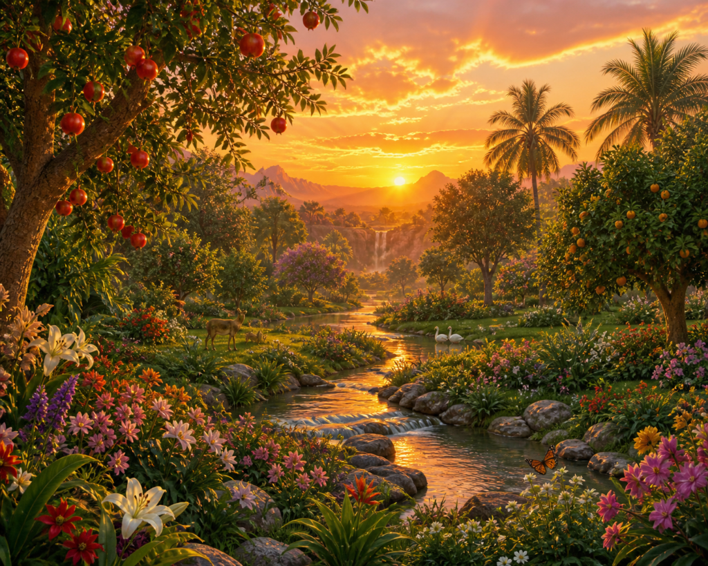 image of the garden of eden with flowers, and trees and stream in sunset