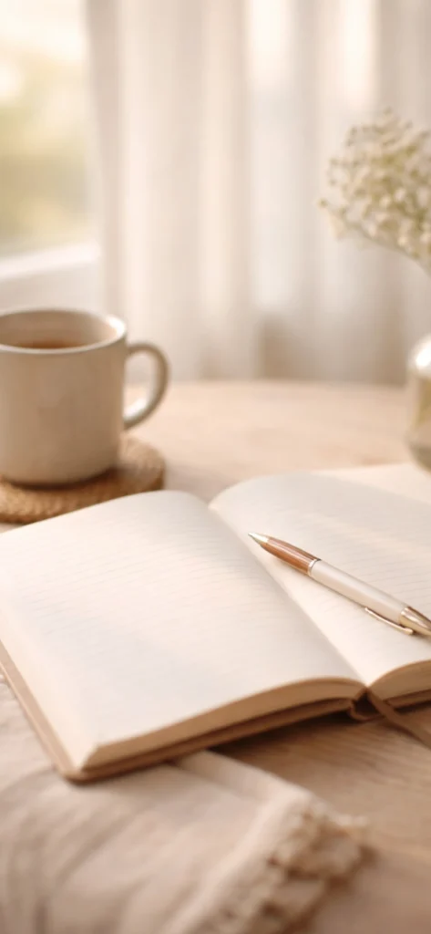 Open journal on a wooden table with soft morning light, pen resting on the page, representing faith journaling, reflection, and quiet time with God