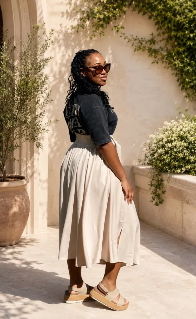 photo of Diamond in faith-based tee shirt, flowy skirt, and sandals found on amazon