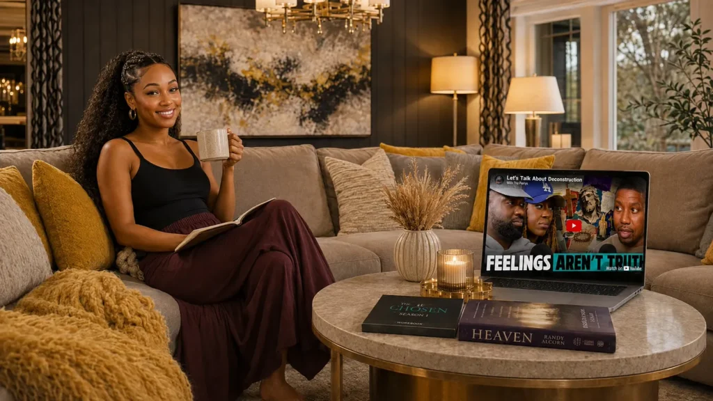 Woman relaxing in a living room with Christian books, a Bible study workbook, and a faith-based video playing on a laptop.