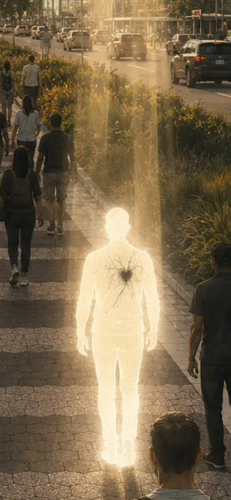 Glowing person with a darkened heart walking among a crowd, representing the tension between righteousness and sin in the Christian life.