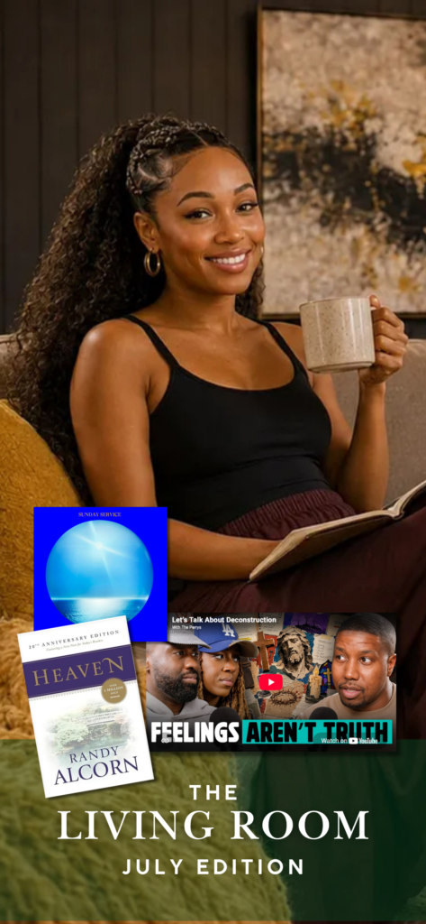 Woman relaxing with a book and a mug in a cozy living room as part of The Living Room Christian lifestyle series.